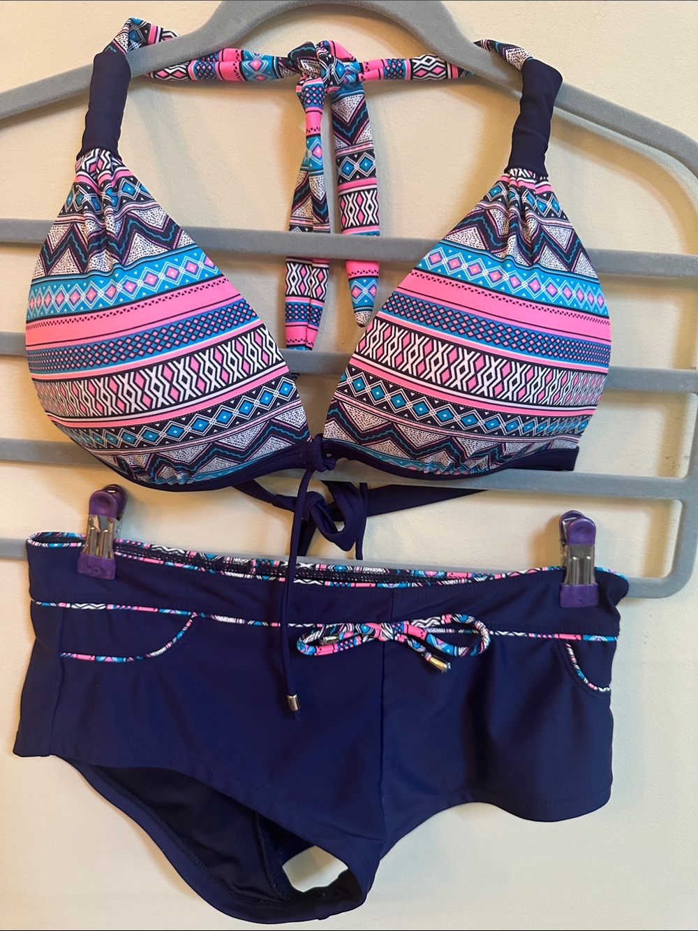 Life Beach Halter Bikini Set – Tribal Print Top & Navy Board‑Short Bottoms – L